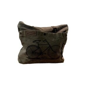 Vintage Myra Bag Womens Olive Green Canvas Bicycle Graphic Double Handle Handbag